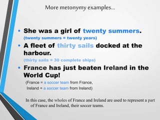 More metonymy examples…
• She was a girl of twenty summers.
(twenty summers = twenty years)
• A fleet of thirty sails docked at the
harbour.
(thirty sails = 30 complete ships)
• France has just beaten Ireland in the
World Cup!
(France = a soccer team from France,
Ireland = a soccer team from Ireland)
In this case, the wholes of France and Ireland are used to represent a part
of France and Ireland, their soccer teams.
 