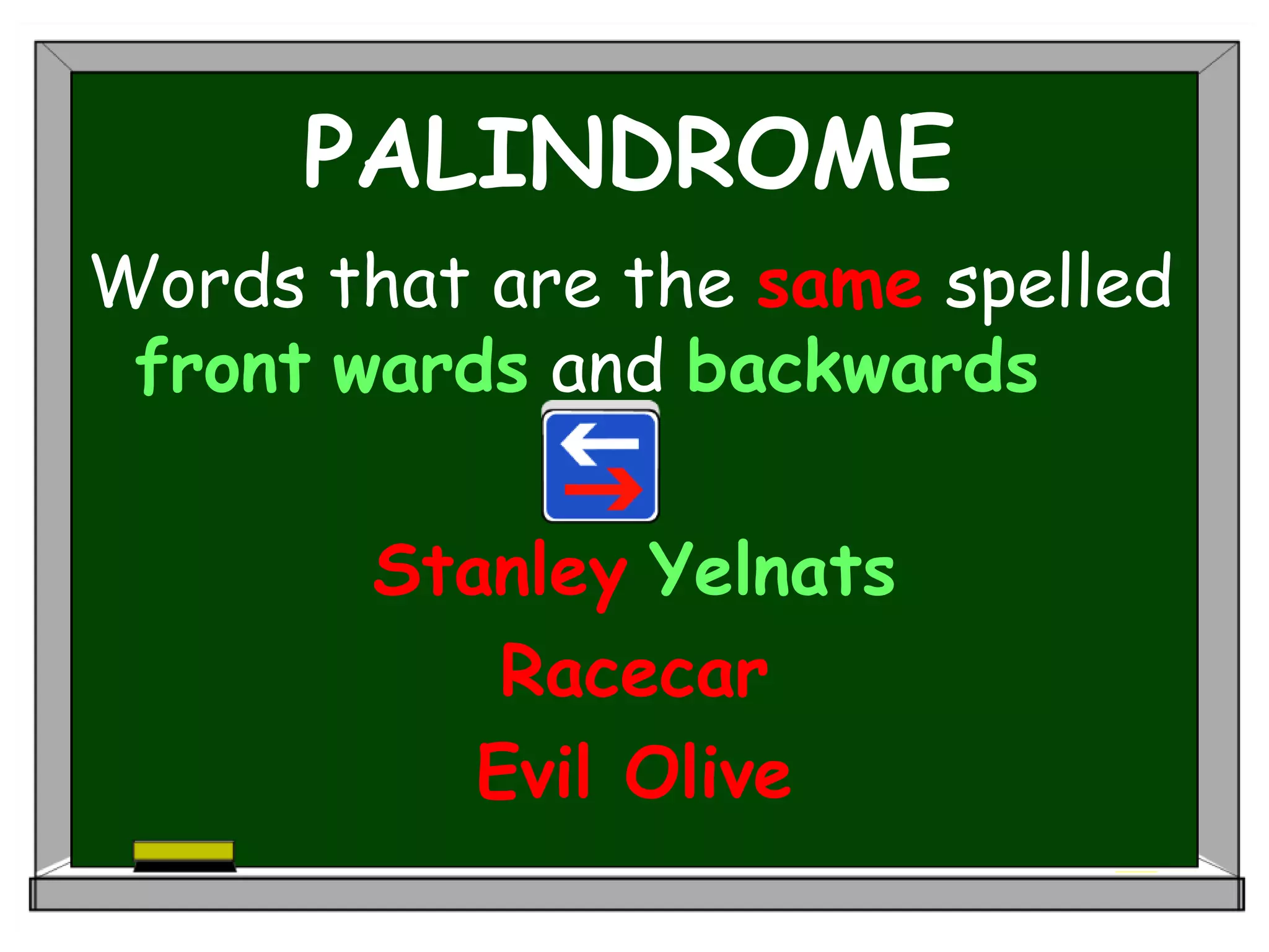 PALINDROME
Words that are the same spelled
front wards and backwards
Stanley Yelnats
Racecar
Evil Olive
 