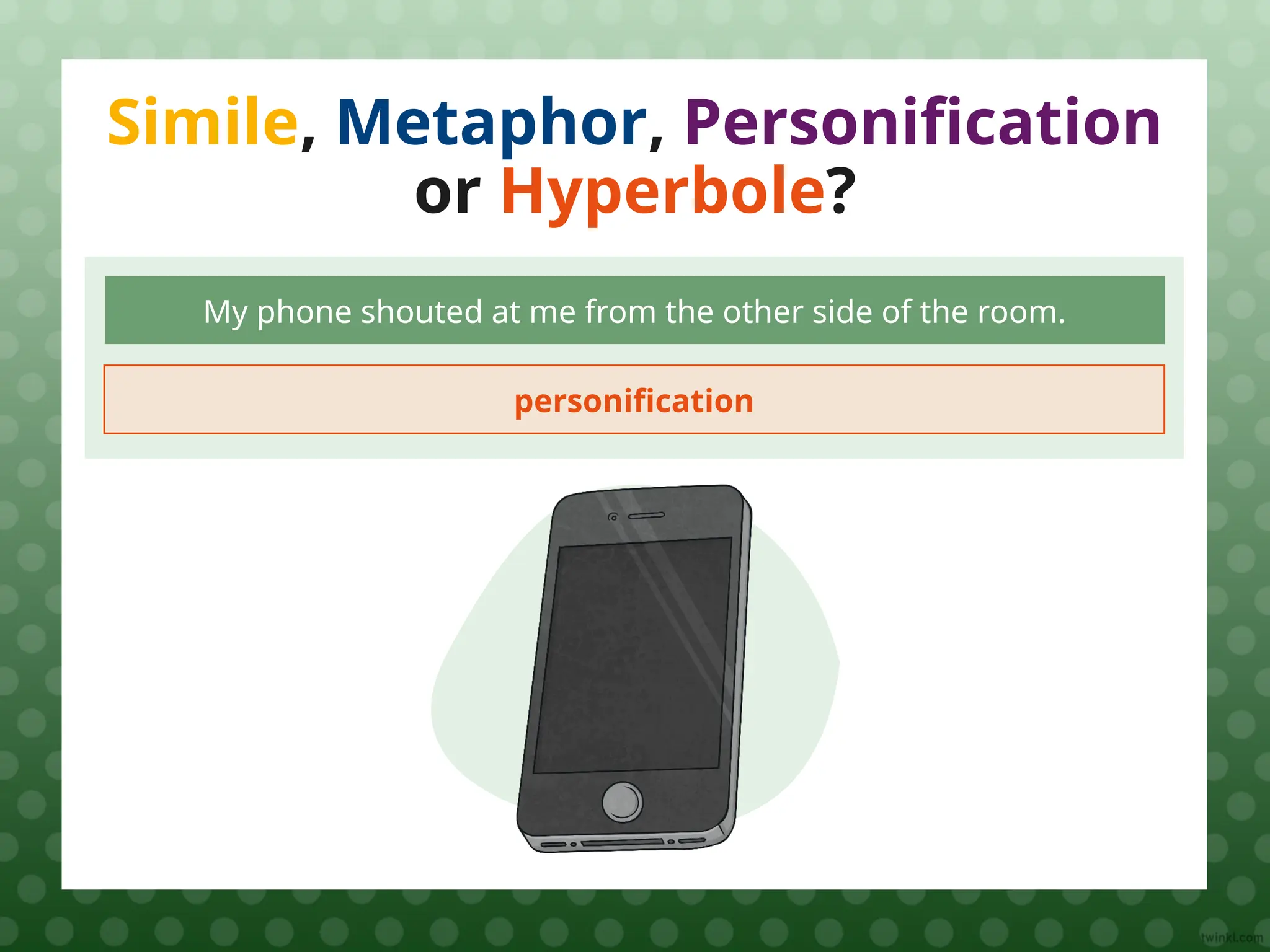 Simile, Metaphor, Personification
or Hyperbole?
My phone shouted at me from the other side of the room.
personification
 