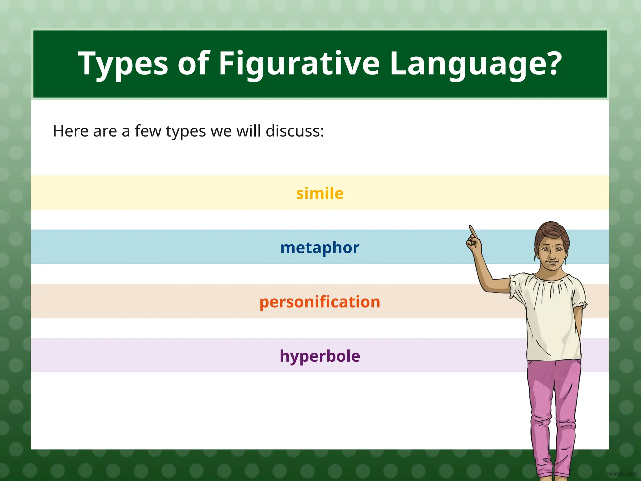 simile
Types of Figurative Language?
Here are a few types we will discuss:
metaphor
personification
hyperbole
 