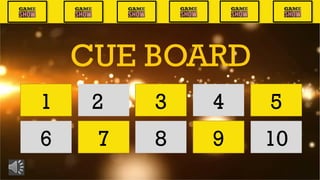 1 2 3 4 5
6 7 8 9 10
CUE BOARD
 