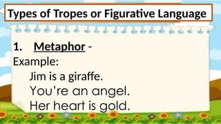 1. Metaphor -
Example:
Jim is a giraffe.
You’re an angel.
Her heart is gold.
Types of Tropes or Figurative Language
 