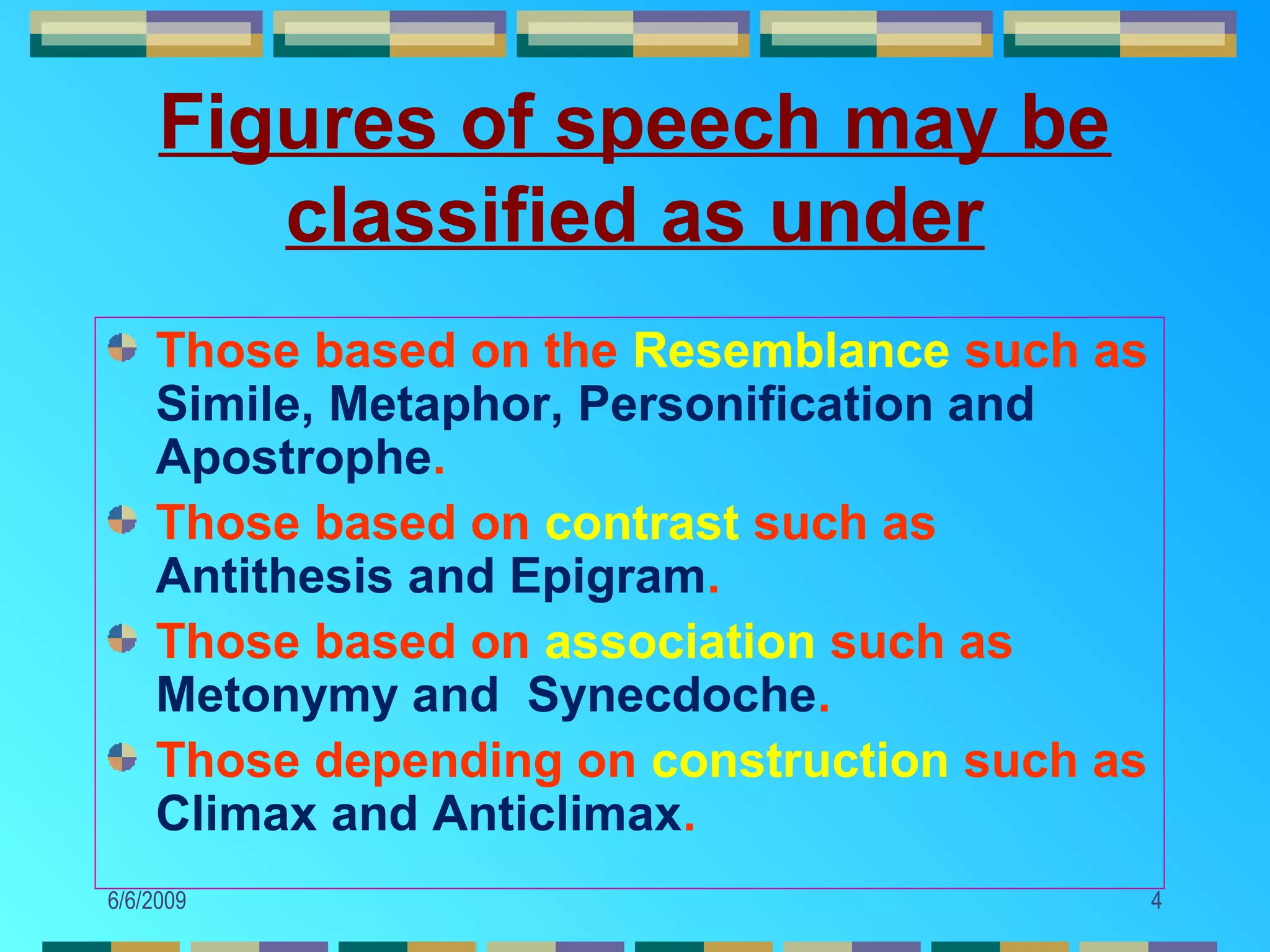 Figures of speech may be
        classified as under
    Those based on the Resemblance such as
    Simile, Metaphor, Personification and
    Apostrophe.
    Those based on contrast such as
    Antithesis and Epigram.
    Those based on association such as
    Metonymy and Synecdoche.
    Those depending on construction such as
    Climax and Anticlimax.
6/6/2009                                      4
 