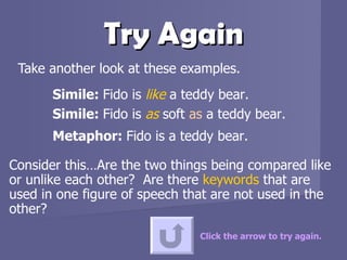 Try Again Take another look at these examples.  Click the arrow to try again. Simile:  Fido is  like   a teddy bear. Simile:  Fido is  as  soft  as  a teddy bear. Metaphor:  Fido is a teddy bear.   Consider this…Are the two things being compared like or unlike each other?  Are there  keywords  that are used in one figure of speech that are not used in the other? 