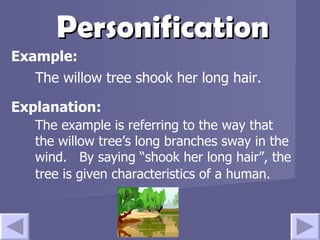 Personification Example: The willow tree shook her long hair.  The example is referring to the way that the willow tree’s long branches sway in the wind.  By saying “shook her long hair”, the tree is given characteristics of a human.   Explanation: 