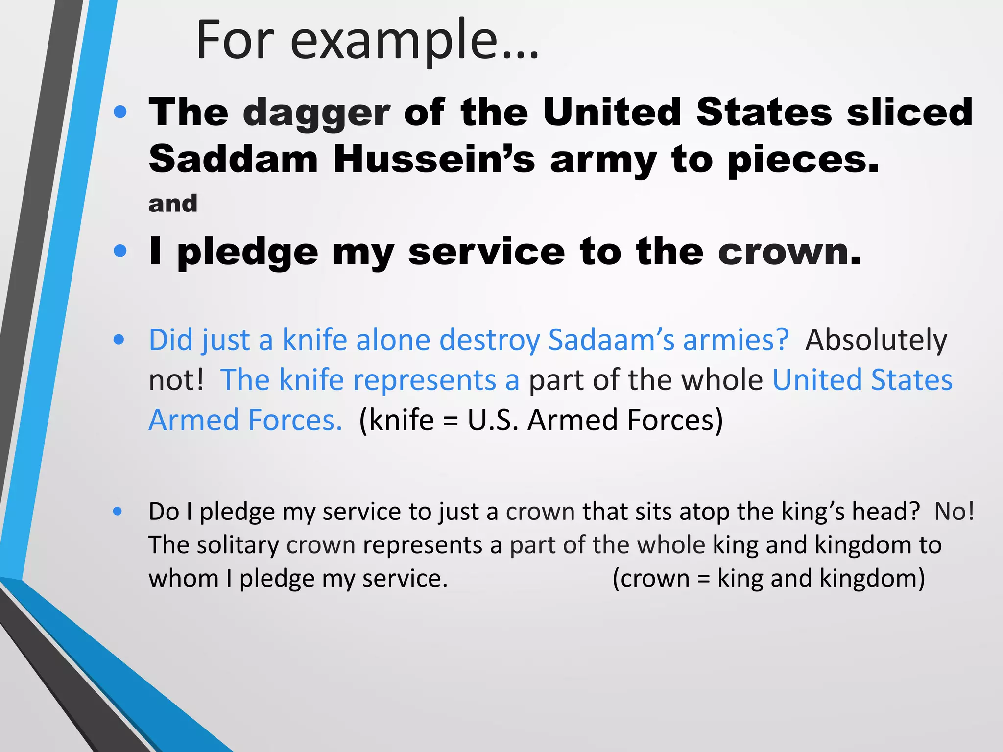For example…
• The dagger of the United States sliced
Saddam Hussein’s army to pieces.
and
• I pledge my service to the crown.
• Did just a knife alone destroy Sadaam’s armies? Absolutely
not! The knife represents a part of the whole United States
Armed Forces. (knife = U.S. Armed Forces)
• Do I pledge my service to just a crown that sits atop the king’s head? No!
The solitary crown represents a part of the whole king and kingdom to
whom I pledge my service. (crown = king and kingdom)
 