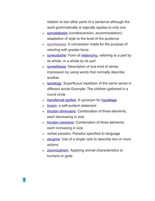 relation to two other parts of a sentence although the
word grammatically or logically applies to only one
• syncatabasis (condescension, accommodation):
adaptation of style to the level of the audience
• synchoresis: A concession made for the purpose of
retorting with greater force.
• synecdoche: Form of metonymy, referring to a part by
its whole, or a whole by its part
• synesthesia: Description of one kind of sense
impression by using words that normally describe
another.
• tautology: Superfluous repetition of the same sense in
different words Example: The children gathered in a
round circle
• transferred epithet: A synonym for hypallage.
• truism: a self-evident statement
• tricolon diminuens: Combination of three elements,
each decreasing in size
• tricolon crescens: Combination of three elements,
each increasing in size
• verbal paradox: Paradox specified to language
• zeugma: Use of a single verb to describe two or more
actions
• zoomorphism: Applying animal characteristics to
humans or gods
1
 