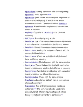 • epanalepsis: Ending sentences with their beginning.
• epanodos: Word repetition.[6][7][8]
• epistrophe: (also known as antistrophe) Repetition of
the same word or group of words at the end of
successive clauses. The counterpart of anaphora
• epizeuxis: Repetition of a single word, with no other
words in between
• euphony: Opposite of cacophony – i.e. pleasant
sounding
• half rhyme: Partially rhyming words
• hendiadys: Use of two nouns to express an idea when
it normally would consist of an adjective and a noun
• hendiatris: Use of three nouns to express one idea
• homeoptoton: ending the last parts of words with the
same syllable or letter.[9]
• homographs: Words we write identically but which
have a differing meaning
• homoioteleuton: Multiple words with the same ending
• homonyms: Words that are identical with each other
in pronunciation and spelling, but different in meaning
• homophones: Words that are identical with each other
in pronunciation, but different in meaning
• homeoteleuton: Words with the same ending
• hypallage: A transferred epitaph from a conventional
choice of wording.[10]
• hyperbaton: Two ordinary associated words are
detached.[11][12]
The term may also be used more
generally for all different figures of speech which
transpose natural word order in sentences.[12]
 