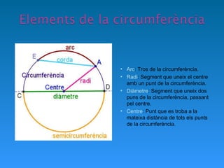 Arc : Tros de la circumferència. Radi : Segment que uneix el centre amb un punt de la circumferència. Diàmetre : Segment que uneix dos puns de la circumferència, passant pel centre. Centre : Punt que es troba a la mateixa distància de tots els punts de la circumferència. 