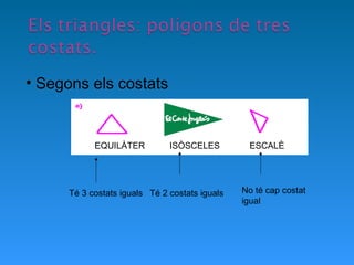 Segons els costats EQUILÀTER  ISÒSCELES  ESCALÈ Té 3 costats iguals Té 2 costats iguals No té cap costat igual 