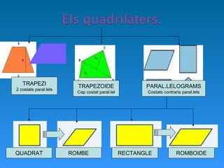 TRAPEZI 2 costats paral.lels TRAPEZOIDE Cap costat paral.lel PARAL.LELOGRAMS Costats contraris paral.lels QUADRAT ROMBE RECTANGLE ROMBOIDE 