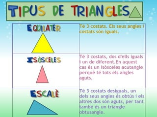 Té 3 costats. Els seus angles i costats són iguals. Té 3 costats, dos d'ells iguals i un de diferent.En aquest cas és un Isòsceles acutangle perquè té tots els angles aguts. Té 3 costats desiguals, un dels seus angles és obtús i els altres dos són aguts, per tant també és un triangle obtusangle. 