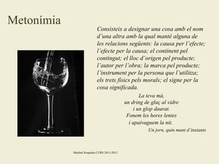 Metonímia

Consisteix a designar una cosa amb el nom
d’una altra amb la qual manté alguna de
les relacions següents: la causa per l’efecte;
l’efecte per la causa; el continent pel
contingut; el lloc d’origen pel producte;
l’autor per l’obra; la marca pel producte;
l’instrument per la persona que l’utilitza;
els trets físics pels morals; el signe per la
cosa significada.
La teva mà,
un dring de glaç al vidre
i un glop daurat.
Fonem les hores lentes
i apaivaguem la nit.
Un jorn, quin munt d’instants

Maribel Sospedra CURS 2011-2012

 