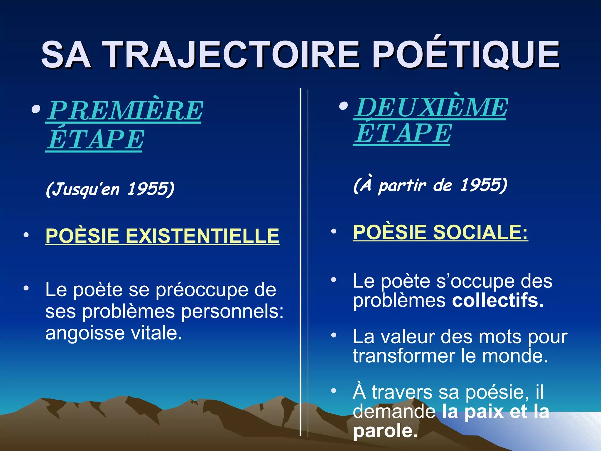 SA TRAJECTOIRE POÉTIQUE PREMIÈRE ÉTAPE (Jusqu’en 1955) POÈSIE EXISTENTIELLE Le poète se préoccupe de ses problèmes personnels: angoisse vitale. DEUXIÈME ÉTAPE (À partir de 1955) POÈSIE SOCIALE: Le poète s’occupe des problèmes  collectifs. La valeur des mots pour transformer le monde. À travers sa poésie, il demande  la paix et la parole. 