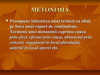 METONIMIA


Presupune inlocuirea unui termen cu altul,
pe baza unui raport de continuitate.
Termenii unei metonimii exprima cauza
prin efect, efectul prin cauza, abstractul prin
concret, singularul in locul pluralului,
autorul in locul operei etc.

 