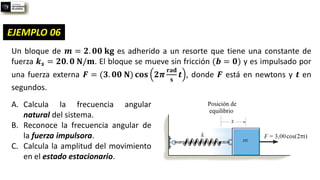 EJEMPLO 06
Un bloque de 𝒎 = 𝟐. 𝟎𝟎 𝐤𝐠 es adherido a un resorte que tiene una constante de
fuerza 𝒌𝒔 = 𝟐𝟎. 𝟎 𝐍/𝐦. El bloque se mueve sin fricción (𝒃 = 𝟎) y es impulsado por
una fuerza externa 𝑭 = (𝟑. 𝟎𝟎 𝐍) 𝐜𝐨𝐬 𝟐𝝅
𝐫𝐚𝐝
𝐬
𝒕 , donde 𝑭 está en newtons y 𝒕 en
segundos.
A. Calcula la frecuencia angular
natural del sistema.
B. Reconoce la frecuencia angular de
la fuerza impulsora.
C. Calcula la amplitud del movimiento
en el estado estacionario.
 