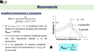 Amplitud estacionaria y resonancia
Resonancia
𝑨(𝜔) =
𝐹0
𝑚2 𝜔0
2
− 𝜔2 2 + 𝑏2𝜔2
• Si 𝜔 = 𝜔0 y 𝑏 = 0, la amplitud crece sin
límites en resonancia (colapso del sistema):
𝑨𝒎𝒂𝒙 = infinito.
• Si 𝑏 es pequeño, la máxima amplitud
ocurre cerca a la resonancia (𝜔 ≈ 𝜔0) y A
es muy alta.
𝑨𝒎𝒂𝒙 =
𝐹0
𝑏𝜔0
• Si 𝑏 no es cero, la máxima amplitud ocurre
con una frecuencia menor a la de
resonancia.
𝜔0
𝑨𝒎𝒂𝒙
 
