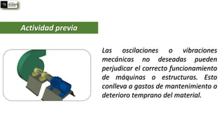 Las oscilaciones o vibraciones
mecánicas no deseadas pueden
perjudicar el correcto funcionamiento
de máquinas o estructuras. Esto
conlleva a gastos de mantenimiento o
deterioro temprano del material.
Actividad previa
 