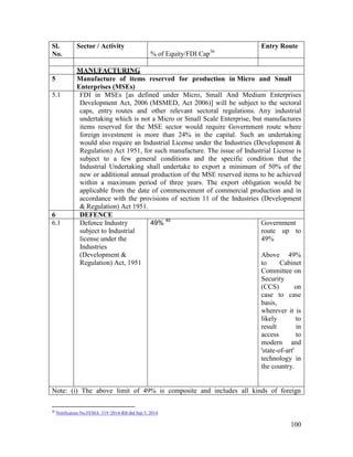 100
Sl.
No.
Sector / Activity
% of Equity/FDI Cap36
Entry Route
MANUFACTURING
5 Manufacture of items reserved for production in Micro and Small
Enterprises (MSEs)
5.1 FDI in MSEs [as defined under Micro, Small And Medium Enterprises
Development Act, 2006 (MSMED, Act 2006)] will be subject to the sectoral
caps, entry routes and other relevant sectoral regulations. Any industrial
undertaking which is not a Micro or Small Scale Enterprise, but manufactures
items reserved for the MSE sector would require Government route where
foreign investment is more than 24% in the capital. Such an undertaking
would also require an Industrial License under the Industries (Development &
Regulation) Act 1951, for such manufacture. The issue of Industrial License is
subject to a few general conditions and the specific condition that the
Industrial Undertaking shall undertake to export a minimum of 50% of the
new or additional annual production of the MSE reserved items to be achieved
within a maximum period of three years. The export obligation would be
applicable from the date of commencement of commercial production and in
accordance with the provisions of section 11 of the Industries (Development
& Regulation) Act 1951.
6 DEFENCE
6.1 Defence Industry
subject to Industrial
license under the
Industries
(Development &
Regulation) Act, 1951
49% 40
Government
route up to
49%
Above 49%
to Cabinet
Committee on
Security
(CCS) on
case to case
basis,
wherever it is
likely to
result in
access to
modern and
'state-of-art'
technology in
the country.
Note: (i) The above limit of 49% is composite and includes all kinds of foreign
40
Notification No.FEMA. 319 /2014-RB dtd Sep 5, 2014
 