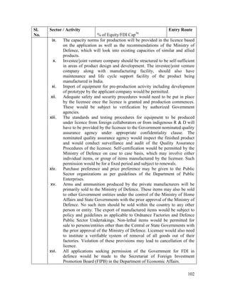102
Sl.
No.
Sector / Activity
% of Equity/FDI Cap36
Entry Route
ix. The capacity norms for production will be provided in the licence based
on the application as well as the recommendations of the Ministry of
Defence, which will look into existing capacities of similar and allied
products.
x. Investee/joint venture company should be structured to be self-sufficient
in areas of product design and development. The investee/joint venture
company along with manufacturing facility, should also have
maintenance and life cycle support facility of the product being
manufactured in India.
xi. Import of equipment for pre-production activity including development
of prototype by the applicant company would be permitted.
xii. Adequate safety and security procedures would need to be put in place
by the licensee once the licence is granted and production commences.
These would be subject to verification by authorized Government
agencies.
xiii. The standards and testing procedures for equipment to be produced
under licence from foreign collaborators or from indigenous R & D will
have to be provided by the licensee to the Government nominated quality
assurance agency under appropriate confidentiality clause. The
nominated quality assurance agency would inspect the finished product
and would conduct surveillance and audit of the Quality Assurance
Procedures of the licensee. Self-certification would be permitted by the
Ministry of Defence on case to case basis, which may involve either
individual items, or group of items manufactured by the licensee. Such
permission would be for a fixed period and subject to renewals.
xiv. Purchase preference and price preference may be given to the Public
Sector organizations as per guidelines of the Department of Public
Enterprises.
xv. Arms and ammunition produced by the private manufacturers will be
primarily sold to the Ministry of Defence. These items may also be sold
to other Government entities under the control of the Ministry of Home
Affairs and State Governments with the prior approval of the Ministry of
Defence. No such item should be sold within the country to any other
person or entity. The export of manufactured items would be subject to
policy and guidelines as applicable to Ordnance Factories and Defence
Public Sector Undertakings. Non-lethal items would be permitted for
sale to persons/entities other than the Central or State Governments with
the prior approval of the Ministry of Defence. Licensee would also need
to institute a verifiable system of removal of all goods out of their
factories. Violation of these provisions may lead to cancellation of the
licence.
xvi. All applications seeking permission of the Government for FDI in
defence would be made to the Secretariat of Foreign Investment
Promotion Board (FIPB) in the Department of Economic Affairs.
 
