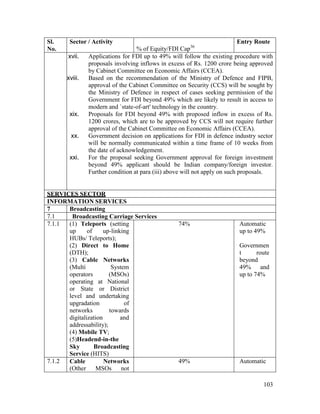 103
Sl.
No.
Sector / Activity
% of Equity/FDI Cap36
Entry Route
xvii. Applications for FDI up to 49% will follow the existing procedure with
proposals involving inflows in excess of Rs. 1200 crore being approved
by Cabinet Committee on Economic Affairs (CCEA).
xviii. Based on the recommendation of the Ministry of Defence and FIPB,
approval of the Cabinet Committee on Security (CCS) will be sought by
the Ministry of Defence in respect of cases seeking permission of the
Government for FDI beyond 49% which are likely to result in access to
modern and `state-of-art' technology in the country.
xix. Proposals for FDI beyond 49% with proposed inflow in excess of Rs.
1200 crores, which are to be approved by CCS will not require further
approval of the Cabinet Committee on Economic Affairs (CCEA).
xx. Government decision on applications for FDI in defence industry sector
will be normally communicated within a time frame of 10 weeks from
the date of acknowledgement.
xxi. For the proposal seeking Government approval for foreign investment
beyond 49% applicant should be Indian company/foreign investor.
Further condition at para (iii) above will not apply on such proposals.
SERVICES SECTOR
INFORMATION SERVICES
7 Broadcasting
7.1 Broadcasting Carriage Services
7.1.1 (1) Teleports (setting
up of up-linking
HUBs/ Teleports);
(2) Direct to Home
(DTH);
(3) Cable Networks
(Multi System
operators (MSOs)
operating at National
or State or District
level and undertaking
upgradation of
networks towards
digitalization and
addressability);
(4) Mobile TV;
(5)Headend-in-the
Sky Broadcasting
Service (HITS)
74% Automatic
up to 49%
Governmen
t route
beyond
49% and
up to 74%
7.1.2 Cable Networks
(Other MSOs not
49% Automatic
 