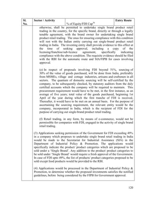 120
Sl.
No.
Sector / Activity
% of Equity/FDI Cap36
Entry Route
otherwise, shall be permitted to undertake single brand product retail
trading in the country, for the specific brand, directly or through a legally
tenable agreement, with the brand owner for undertaking single brand
product retail trading. The onus for ensuring compliance with this condition
will rest with the Indian entity carrying out single-brand product retail
trading in India. The investing entity shall provide evidence to this effect at
the time of seeking approval, including a copy of the
licensing/franchise/sub-licence agreement, specifically indicating
compliance with the above condition. The requisite evidence should be filed
with the RBI for the automatic route and SIA/FIPB for cases involving
approval.
(e) In respect of proposals involving FDI beyond 51%, sourcing of
30% of the value of goods purchased, will be done from India, preferably
from MSMEs, village and cottage industries, artisans and craftsmen in all
sectors. The quantum of domestic sourcing will be self-certified by the
company, to be subsequently checked, by statutory auditors from the duly
certified accounts which the company will be required to maintain. This
procurement requirement would have to be met, in the first instance, as an
average of five years; total value of the goods purchased, beginning 1st
April of the year during which the first tranche of FDI is received,
Thereafter, it would have to be met on an annual basis. For the purpose of
ascertaining the sourcing requirement, the relevant entity would be the
company, incorporated in India, which is the recipient of FDI for the
purpose of carrying out single-brand product retail trading.
(f) Retail trading, in any form, by means of e-commerce, would not be
permissible for companies with FDI, engaged in the activity of single brand
retail trading.
(3) Applications seeking permission of the Government for FDI exceeding 49%
in a company which proposes to undertake single brand retail trading in India
would be made to the Secretariat for Industrial Assistance (SIA) in the
Department of Industrial Policy & Promotion. The applications would
specifically indicate the product/ product categories which are proposed to be
sold under a ‘Single Brand’. Any addition to the product/ product categories to
be sold under ‘Single Brand’ would require a fresh approval of the Government.
In case of FDI upto 49%, the list of products/ product categories proposed to be
sold except food products would be provided to the RBI.
(4) Applications would be processed in the Department of Industrial Policy &
Promotion, to determine whether the proposed investments satisfies the notified
guidelines, before being considered by the FIPB for Government approval.
 