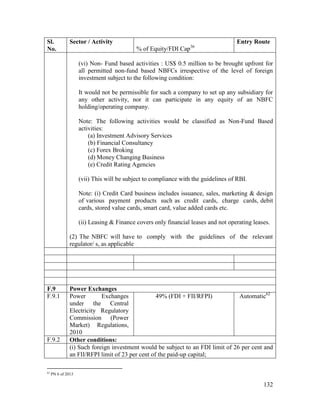132
Sl.
No.
Sector / Activity
% of Equity/FDI Cap36
Entry Route
(vi) Non- Fund based activities : US$ 0.5 million to be brought upfront for
all permitted non-fund based NBFCs irrespective of the level of foreign
investment subject to the following condition:
It would not be permissible for such a company to set up any subsidiary for
any other activity, nor it can participate in any equity of an NBFC
holding/operating company.
Note: The following activities would be classified as Non-Fund Based
activities:
(a) Investment Advisory Services
(b) Financial Consultancy
(c) Forex Broking
(d) Money Changing Business
(e) Credit Rating Agencies
(vii) This will be subject to compliance with the guidelines of RBI.
Note: (i) Credit Card business includes issuance, sales, marketing & design
of various payment products such as credit cards, charge cards, debit
cards, stored value cards, smart card, value added cards etc.
(ii) Leasing & Finance covers only financial leases and not operating leases.
(2) The NBFC will have to comply with the guidelines of the relevant
regulator/ s, as applicable
F.9 Power Exchanges
F.9.1 Power Exchanges
under the Central
Electricity Regulatory
Commission (Power
Market) Regulations,
2010
49% (FDI + FII/RFPI) Automatic62
F.9.2 Other conditions:
(i) Such foreign investment would be subject to an FDI limit of 26 per cent and
an FII/RFPI limit of 23 per cent of the paid-up capital;
62
PN 6 of 2013
 