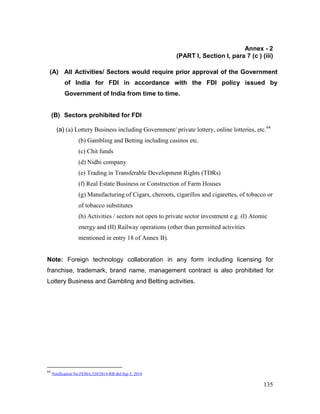 135
Annex - 2
(PART I, Section I, para 7 (c ) (iii)
(A) All Activities/ Sectors would require prior approval of the Government
of India for FDI in accordance with the FDI policy issued by
Government of India from time to time.
(B) Sectors prohibited for FDI
(a) (a) Lottery Business including Government/ private lottery, online lotteries, etc.64
(b) Gambling and Betting including casinos etc.
(c) Chit funds
(d) Nidhi company
(e) Trading in Transferable Development Rights (TDRs)
(f) Real Estate Business or Construction of Farm Houses
(g) Manufacturing of Cigars, cheroots, cigarillos and cigarettes, of tobacco or
of tobacco substitutes
(h) Activities / sectors not open to private sector investment e.g. (I) Atomic
energy and (II) Railway operations (other than permitted activities
mentioned in entry 18 of Annex B).
Note: Foreign technology collaboration in any form including licensing for
franchise, trademark, brand name, management contract is also prohibited for
Lottery Business and Gambling and Betting activities.
64
Notification No.FEMA.320/2014-RB dtd Sep 5, 2014
 