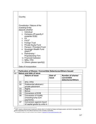 147
Country
Constitution / Nature of the
investing Entity
[Specify whether
1. Individual
2. Company (Pl specify if
erstwhile OCB)
3. FII
4. FVCI#
5. Foreign Trust
6. Private Equity Fund
7. Pension / Provident Fund
8. Sovereign Wealth Fund
(SWF)69
9. Partnership /
Proprietorship Firm
10. Financial Institution
11. NRIs / PIO
12. Others (please specify)]
Date of incorporation
4 Particulars of Shares / Convertible Debentures/Others Issued
(a) Nature and date of issue
Nature of issue Date of
issue
Number of shares/
convertible
debentures/Others
01 IPO / FPO
02 Preferential allotment /
private placement
03 Rights
04 Bonus
05 Conversion of ECB
06 Conversion of royalty
(including lump sum
payments)
07 Conversion against import
of capital goods by units in
69
SWF means a Government investment vehicle which is funded by foreign exchange assets, and which manages those
assets separately from the official reserves of the monetary authorities.
#
The investment/s is made by FVCI under FDI scheme in terms of Schedule I to Notification No. FEMA 20/2000-RB dated May 3, 2000
 