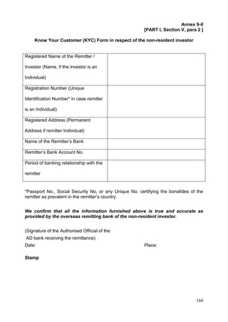 160
Annex 9-II
[PART I, Section V, para 2 ]
Know Your Customer (KYC) Form in respect of the non-resident investor
Registered Name of the Remitter /
Investor (Name, if the investor is an
Individual)
Registration Number (Unique
Identification Number* in case remitter
is an Individual)
Registered Address (Permanent
Address if remitter Individual)
Name of the Remitter’s Bank
Remitter’s Bank Account No.
Period of banking relationship with the
remitter
*Passport No., Social Security No, or any Unique No. certifying the bonafides of the
remitter as prevalent in the remitter’s country.
We confirm that all the information furnished above is true and accurate as
provided by the overseas remitting bank of the non-resident investor.
(Signature of the Authorised Official of the
AD bank receiving the remittance)
Date: Place:
Stamp
 