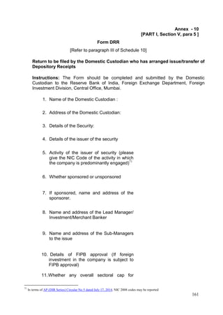 161
Annex - 10
[PART I, Section V, para 5 ]
Form DRR
[Refer to paragraph III of Schedule 10]
Return to be filed by the Domestic Custodian who has arranged issue/transfer of
Depository Receipts
Instructions: The Form should be completed and submitted by the Domestic
Custodian to the Reserve Bank of India, Foreign Exchange Department, Foreign
Investment Division, Central Office, Mumbai.
1. Name of the Domestic Custodian :
2. Address of the Domestic Custodian:
3. Details of the Security:
4. Details of the issuer of the security
5. Activity of the issuer of security (please
give the NIC Code of the activity in which
the company is predominantly engaged)71
6. Whether sponsored or unsponsored
7. If sponsored, name and address of the
sponsorer.
8. Name and address of the Lead Manager/
Investment/Merchant Banker
9. Name and address of the Sub-Managers
to the issue
10. Details of FIPB approval (If foreign
investment in the company is subject to
FIPB approval)
11.Whether any overall sectoral cap for
71
In terms of AP (DIR Series) Circular No 5 dated July 17, 2014, NIC 2008 codes may be reported
 