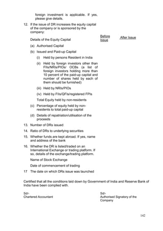 142
foreign investment is applicable. If yes,
please give details.
12. If the issue of DR increases the equity capital
of the company or is sponsored by the
company:
Details of the Equity Capital
Before
Issue
After Issue
(a) Authorised Capital
(b) Issued and Paid-up Capital
(i) Held by persons Resident in India
(ii) Held by foreign investors other than
FIIs/NRIs/PIOs/ OCBs (a list of
foreign investors holding more than
10 percent of the paid-up capital and
number of shares held by each of
them should be furnished)
(iii) Held by NRIs/PIOs
(iv) Held by FIIs/QFIs/registered FPIs
Total Equity held by non-residents
(c) Percentage of equity held by non-
residents to total paid-up capital
(d) Details of repatriation/utilisation of the
proceeds
13. Number of DRs issued
14. Ratio of DRs to underlying securities
15. Whether funds are kept abroad. If yes, name
and address of the bank
16. Whether the DR is listed/traded on an
International Exchange or trading platform. If
so, details of the exchange/trading platform.
Name of Stock Exchange
Date of commencement of trading
17 The date on which DRs issue was launched
Certified that all the conditions laid down by Government of India and Reserve Bank of
India have been complied with.
Sd/-
Chartered Accountant
Sd/-
Authorised Signatory of the
Company
 