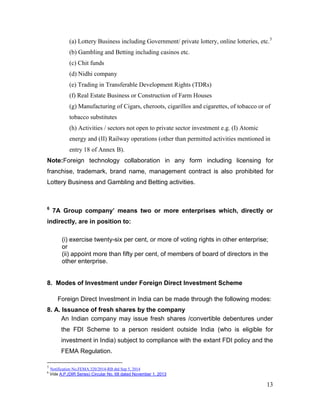13
(a) Lottery Business including Government/ private lottery, online lotteries, etc.5
(b) Gambling and Betting including casinos etc.
(c) Chit funds
(d) Nidhi company
(e) Trading in Transferable Development Rights (TDRs)
(f) Real Estate Business or Construction of Farm Houses
(g) Manufacturing of Cigars, cheroots, cigarillos and cigarettes, of tobacco or of
tobacco substitutes
(h) Activities / sectors not open to private sector investment e.g. (I) Atomic
energy and (II) Railway operations (other than permitted activities mentioned in
entry 18 of Annex B).
Note:Foreign technology collaboration in any form including licensing for
franchise, trademark, brand name, management contract is also prohibited for
Lottery Business and Gambling and Betting activities.
6
7A Group company’ means two or more enterprises which, directly or
indirectly, are in position to:
(i) exercise twenty-six per cent, or more of voting rights in other enterprise;
or
(ii) appoint more than fifty per cent, of members of board of directors in the
other enterprise.
8. Modes of Investment under Foreign Direct Investment Scheme
Foreign Direct Investment in India can be made through the following modes:
8. A. Issuance of fresh shares by the company
An Indian company may issue fresh shares /convertible debentures under
the FDI Scheme to a person resident outside India (who is eligible for
investment in India) subject to compliance with the extant FDI policy and the
FEMA Regulation.
5
Notification No.FEMA.320/2014-RB dtd Sep 5, 2014
6
Vide A.P.(DIR Series) Circular No. 68 dated November 1, 2013
 
