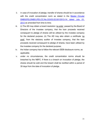31
ii. in case of invocation of pledge, transfer of shares should be in accordance
with the credit concentration norm as stated in the Master Circular
DNBS(PD).DNBS.(PD).CC.No.333/03.02.001/2013-14 dated July 01,
2013 as amended from time to time;
iii. (i) The AD may obtain a board resolution ‘ex ante’, passed by the Board of
Directors of the investee company, that the loan proceeds received
consequent to pledge of shares will be utilised by the investee company
for the declared purpose; (ii) The AD may also obtain a certificate ‘ex
post’, from the statutory auditor of investee company, that the loan
proceeds received consequent to pledge of shares, have been utilised by
the investee company for the declared purpose;
iv. the Indian company has to follow the relevant SEBI disclosure norms, as
applicable;
v. under no circumstances, the credit concentration norms should be
breached by the NBFC. If there is a breach on invocation of pledge, the
shares should be sold and the breach shall be rectified within a period of
30 days from the date of invocation of pledge.
 