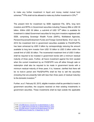 68
to make any further investment in liquid and money market mutual fund
schemes.24
FPIs shall not be allowed to make any further investment in CPs.25
The present limit for investment by SEBI registered FIIs, QFIs, long term
investors and RFPIs in Government securities including Treasury Bills is USD 30
billion. Within USD 30 billion, a sub-limit of USD 1026
billion is available for
investment in dated Government securities for long term investors registered with
SEBI, comprising Sovereign Wealth Funds (SWFs), Multilateral Agencies,
Pension/Insurance/Endowment Funds and Foreign Central Banks. W.e.f July 13,
2014 the investment limit in government securities available to FIIs/QFIs/FPIs
has been enhanced by USD 5 billion by correspondingly reducing the amount
available to long term investor from USD 10 billion to USD 5 billion within the
overall limit of USD 30 billion. The incremental investment limit of USD 5 billion
shall be required to be invested in government bonds with a minimum residual
maturity of three years. Further, all future investment against the limit vacated
when the current investment by an FII/QFI/FPI runs off either through sale or
redemption shall also be required to be made in government bonds with a
minimum residual maturity of three years. It is, however, clarified that there will
be no lock-in period and FIIs/QFIs/FPIs shall be free to sell the securities
(including that are presently held with less than three years of residual maturity)
to the domestic investors.27
Further, w.e.f. February 05, 2015, eligible investors shall be permitted to invest in
government securities, the coupons received on their existing investments in
government securities. These investments shall be kept outside the applicable
24
Vide A.P.(DIR Series) Circular No.71 dated February 3, 2015
25
Vide A. P. (DIR Series) Circular No.73 dated February 6, 2015
26
Vide A.P.(DIR Series) Circular No.99 dated January 29, 2014
27
A. P. (DIR Series) Circular No. 13 dated July 13, 2014
 