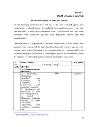 94
Annex - 1
(PART I, Section I, para 7(a))
Sector-specific policy for foreign investment
In the following sectors/activities, FDI up to the limit indicated against each
sector/activity is allowed, subject to applicable laws/ regulations; security and other
conditionalities. In sectors/activities not listed below, FDI is permitted upto 100% on the
automatic route, subject to applicable laws/ regulations; security and other
conditionalities.
Wherever there is a requirement of minimum capitalization, it shall include share
premium received along with the face value of the share, only when it is received by the
company upon issue of the shares to the non-resident investor. Amount paid by the
transferee during post-issue transfer of shares beyond the issue price of the share, cannot
be taken into account while calculating minimum capitalization requirement.
Sl.
No.
Sector / Activity
% of Equity/FDI Cap36
Entry Route
AGRICULTURE
1. Agriculture & Animal
Husbandry
a) Floriculture,
Horticulture,
Apiculture and
Cultivation of
Vegetables &
Mushrooms under
controlled conditions;
b) Development and
production of Seeds
and planting material;
c) Animal
Husbandry (including
breeding of dogs),
Pisciculture,
Aquaculture, under
controlled conditions;
and
100% Automatic
36
Notification No.FEMA.312/2014-RB dated July 2, 2014
 