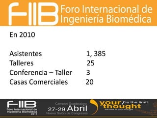 En 2010Asistentes                         1, 385Talleres                              25Conferencia – Taller        3Casas Comerciales          20