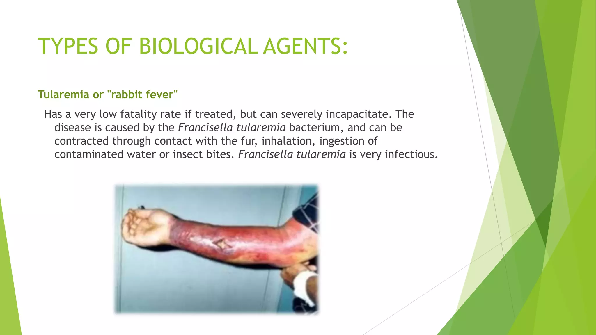 TYPES OF BIOLOGICAL AGENTS:
Tularemia or "rabbit fever"
Has a very low fatality rate if treated, but can severely incapacitate. The
disease is caused by the Francisella tularemia bacterium, and can be
contracted through contact with the fur, inhalation, ingestion of
contaminated water or insect bites. Francisella tularemia is very infectious.
 