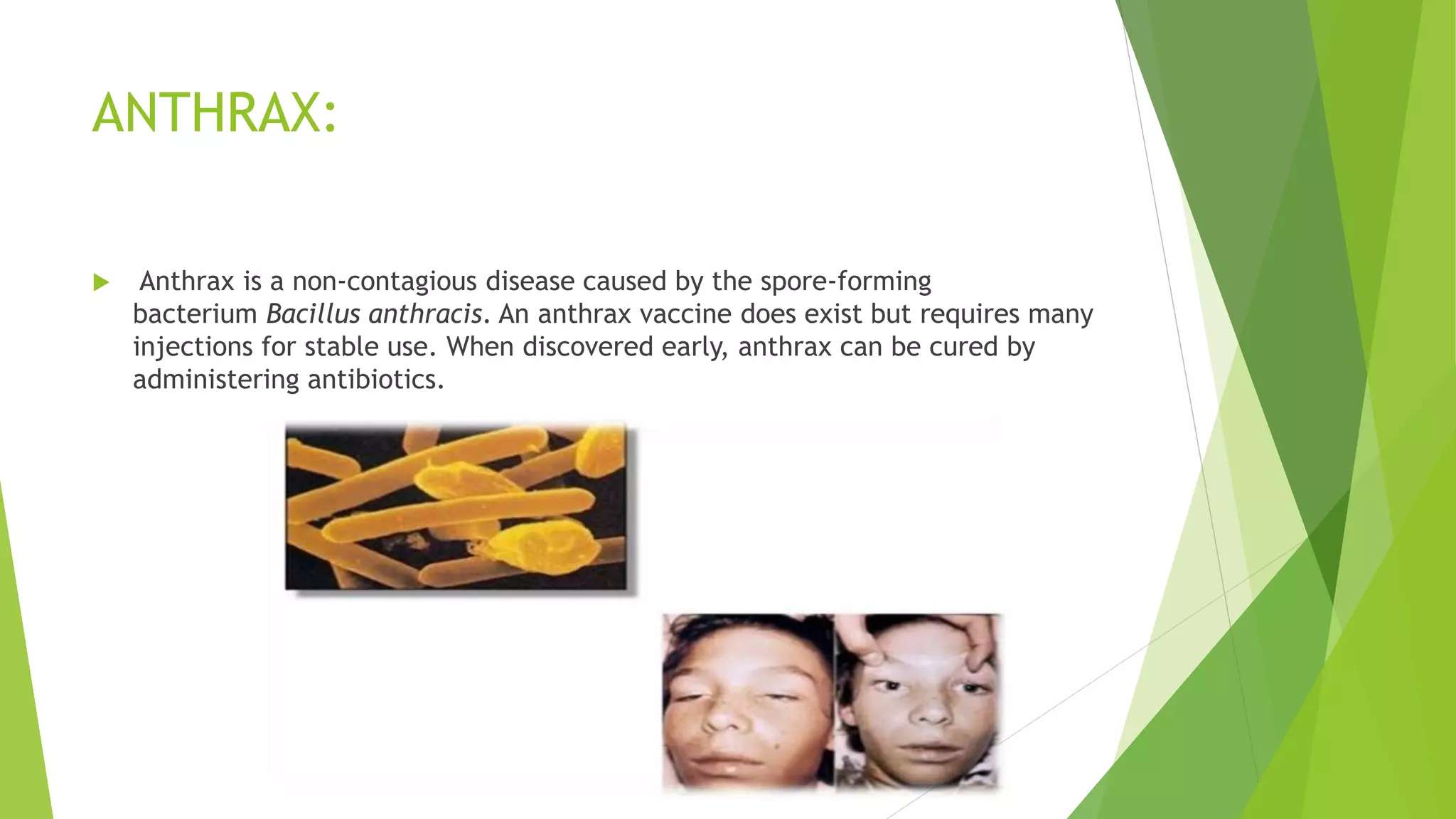ANTHRAX:
 Anthrax is a non-contagious disease caused by the spore-forming
bacterium Bacillus anthracis. An anthrax vaccine does exist but requires many
injections for stable use. When discovered early, anthrax can be cured by
administering antibiotics.
 