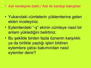 Aslı kardeşine baktı./ Aslı ile kardeşi bakıştılar. Yukarıdaki cümlelerin yüklemlerine gelen ekleri inceleyiniz. Eylemlerdeki “-ş” ekinin cümleye nasıl bir anlam yüklediğini belirtiniz. Bu şekilde birden fazla öznenin karşılıklı ya da birlikte yaptığı işleri bildiren eylemlere çatısı bakımından nasıl eylemler denir? 