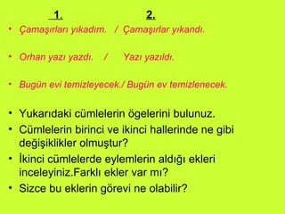 1 .   2. Çamaşırları yıkadım.  /  Çamaşırlar yıkandı. Orhan yazı yazdı.  /  Yazı yazıldı. Bugün evi temizleyecek./ Bugün ev temizlenecek. Yukarıdaki cümlelerin ögelerini bulunuz. Cümlelerin birinci ve ikinci hallerinde ne gibi değişiklikler olmuştur? İkinci cümlelerde eylemlerin aldığı ekleri inceleyiniz.Farklı ekler var mı? Sizce bu eklerin görevi ne olabilir? 