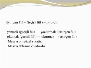 Ettirgen Fiil = Geçişli fiil + -t, -r, -dır

yazmak (geçişli fiil) --- yazdırmak (ettirgen fiil)
okumak (geçişli fiil) --- okutmak (ettirgen fiil)
 Masayı bir güzel yıkattı.
 Masayı ablasına çözdürdü.
 