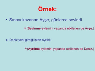 Örnek:
• Sınavı kazanan Ayşe, günlerce sevindi.
             (Sevinme eylemini yapanda etkilenen de Ayşe.)


● Deniz yeni girdiği işten ayrıldı

              (Ayrılma eylemini yapanda etkilenen de Deniz.)
 