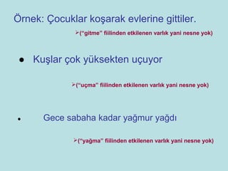 Örnek: Çocuklar koşarak evlerine gittiler.
              (“gitme” fiilinden etkilenen varlık yani nesne yok)



 ● Kuşlar çok yüksekten uçuyor

             (“uçma” fiilinden etkilenen varlık yani nesne yok)




●     Gece sabaha kadar yağmur yağdı

             (“yağma” fiilinden etkilenen varlık yani nesne yok)
 