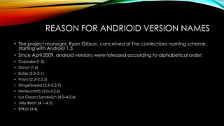 REASON FOR ANDRIOID VERSION NAMES
• The project manager, Ryan Gibson, conceived of the confections naming scheme,
starting with Android 1.5.
• Since April 2009, android versions were released according to alphabetical order:
• Cupcake (1.5)
• Donut (1.6)
• Eclair (2.0–2.1)
• Froyo (2.2–2.2.3)
• Gingerbread (2.3–2.3.7)
• Honeycomb (3.0–3.2.6)
• Ice Cream Sandwich (4.0–4.0.4)
• Jelly Bean (4.1–4.3)
• KitKat (4.4).

 