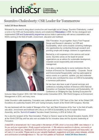 Ceo Support Csr India CSR Features Fiinovation CEO as 'CSR Leader of Tomorrow' | PDF
