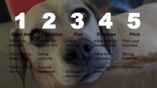 1 2 3 4 5Great Idea Corporation Plan Progress Pitch
Vetted by
Mentors
Reviewed by
experts
Tested in the
market
Formed by
top law firm
Set-up
correctly
Support
expansion
Viable
revenue
model
Realistic go to
market
Strategy for
development
Initial product
development
Initial team
members
Advisory
Board
Pitch your
business
Strong
materials
Confidence
 