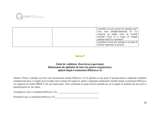 59
Consideri că este nevoie de metoda asta?
Care sunt calitățile/defectele ei? Ce
categorii de public crezi că vizează
metoda? Crezi că a reușit să strângă
oamenii doriți la eveniment?
Consideri că sunt alte metode ce ar putea fi
folosite împreună cu aceasta?
Anexa 7
Tabel de validitate. Descrierea experienței.
Dimensiuni ale ghidului de interviu pentru organizatori,
aplicat după evenimentul Biblioteca vie
Salutare. Pentru a înțelege mai bine cum funcționează metoda Biblioteca Vie în aplicare și cum poate fi ajustată pentru a răspunde realităților
românești din teren, vă rugăm să ne acordați câteva minute din timpul dv. pentru a răspunde următoarelor întrebări despre evenimentul Biblioteca
Vie organizat de clubul IMPACT din care faceți parte. Orice informație se poate dovedi esențială așa că vă rugăm să detaliați cât mai mult cu
putință punctul dv. de vedere.
Localitatea în care s-a desfășurat Biblioteca Vie: ____________________________________
Perioada în care s-a desfășurat Biblioteca Vie:______________________________________
 