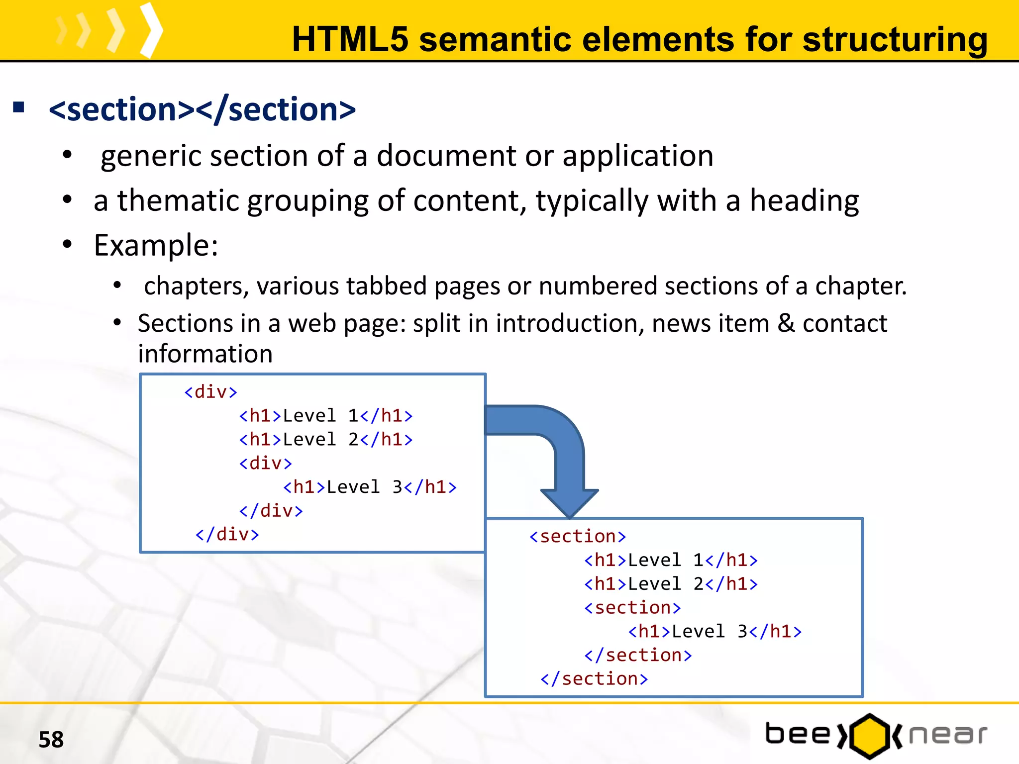 HTML5 semantic elements for structuring
 <section></section>
• generic section of a document or application
• a thematic grouping of content, typically with a heading
• Example:
• chapters, various tabbed pages or numbered sections of a chapter.
• Sections in a web page: split in introduction, news item & contact
information
58
<div>
<h1>Level 1</h1>
<h1>Level 2</h1>
<div>
<h1>Level 3</h1>
</div>
</div> <section>
<h1>Level 1</h1>
<h1>Level 2</h1>
<section>
<h1>Level 3</h1>
</section>
</section>
 