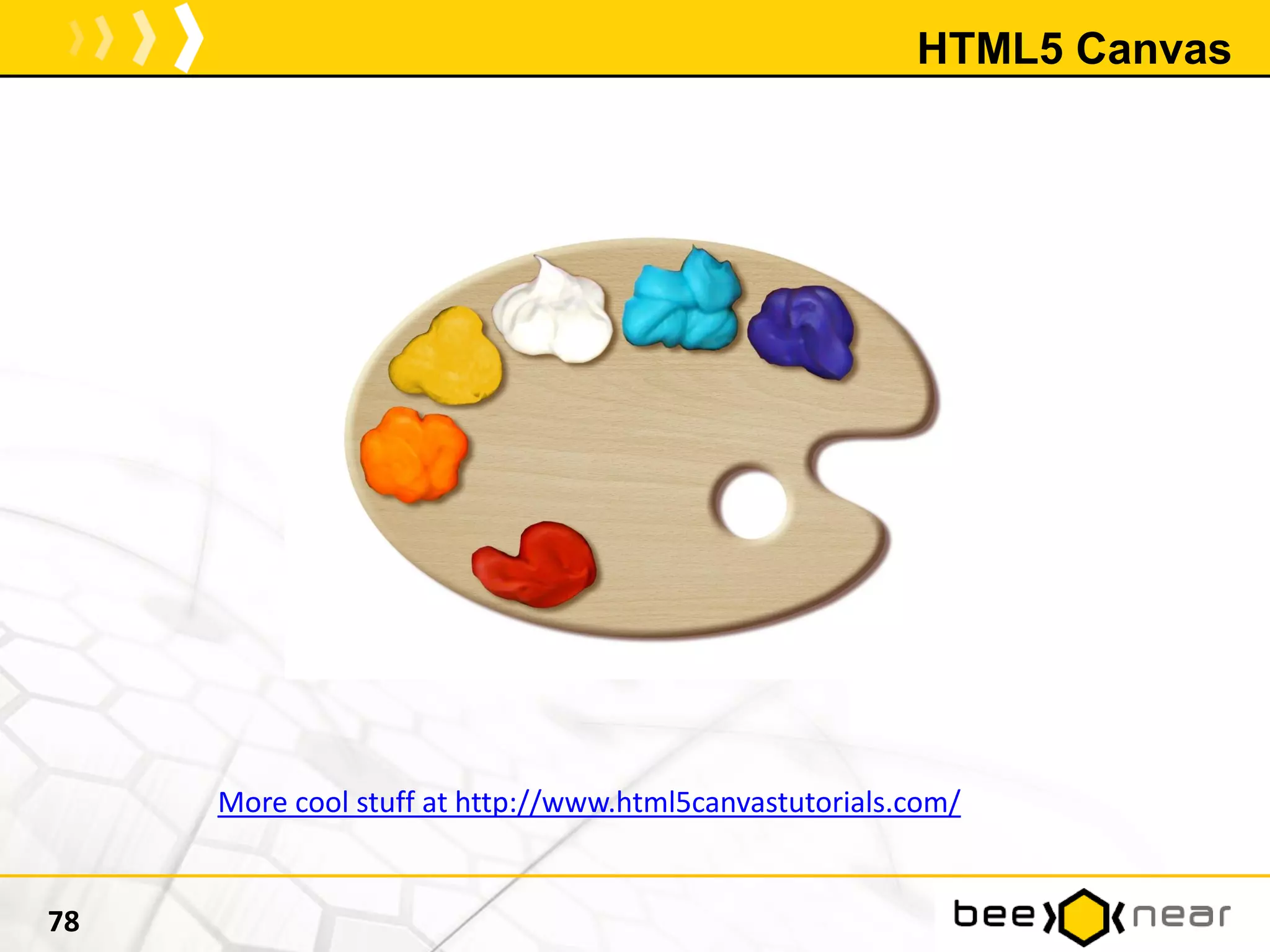 HTML5 Canvas
78
More cool stuff at http://www.html5canvastutorials.com/
 
